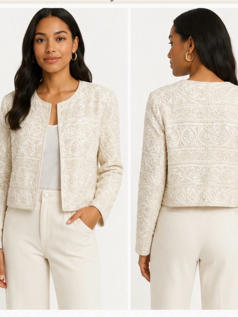 Scala ivory embroidered/sequin-embellished open-front evening jacket M vintage